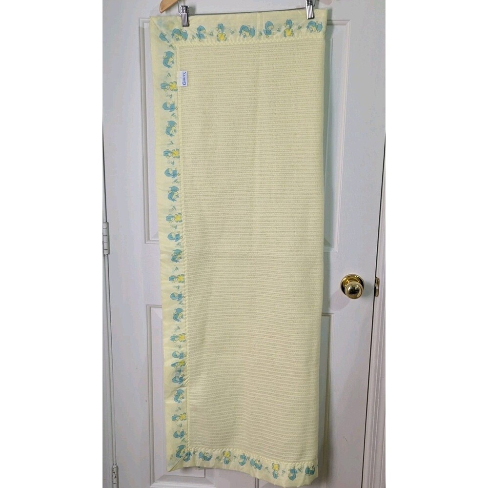 VTG CURITY Thermal Knit Baby Blanket Satin Trim Yellow Sleeping Duck Puppy Bear